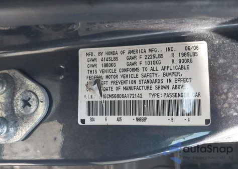 2006 Honda Accord 2.4 Ex z USA, uszkodzony, nr VIN 1HGCM56806A172142